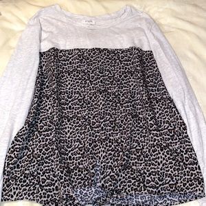 Umgee leopard print with grey sleeves long sleeve front tie shirt